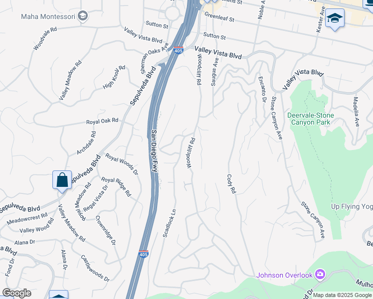 map of restaurants, bars, coffee shops, grocery stores, and more near 3887 Woodcliff Road in Los Angeles