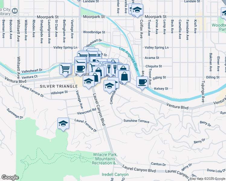 map of restaurants, bars, coffee shops, grocery stores, and more near 3947 Carpenter Avenue in Los Angeles