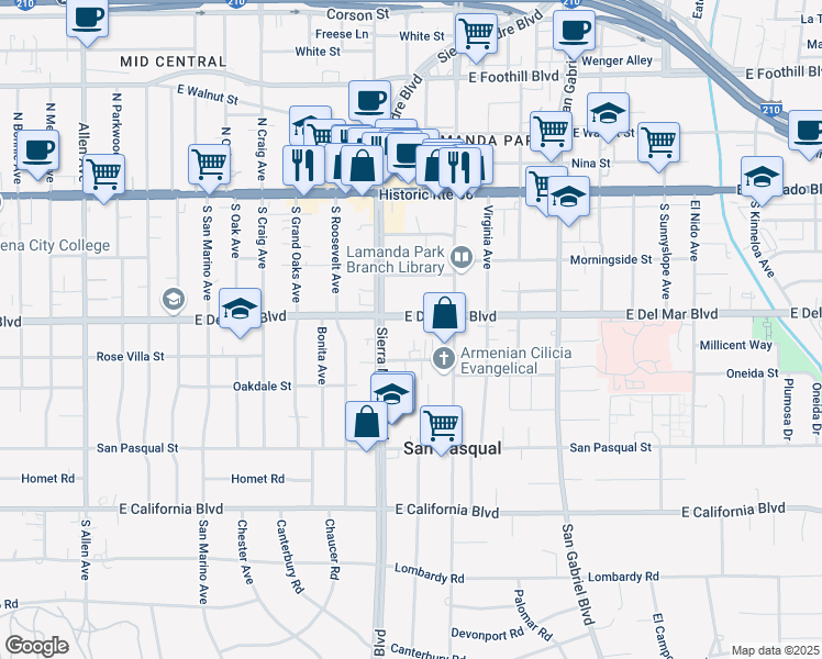 map of restaurants, bars, coffee shops, grocery stores, and more near 2428 East Del Mar Boulevard in Pasadena