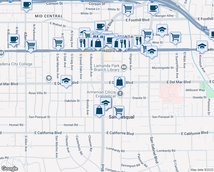 map of restaurants, bars, coffee shops, grocery stores, and more near in Pasadena