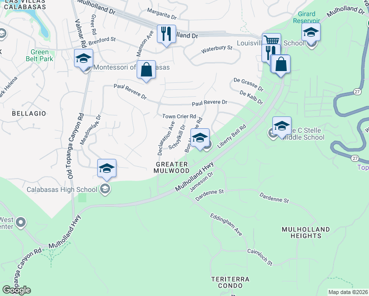map of restaurants, bars, coffee shops, grocery stores, and more near 22702 Brandywine Drive in Calabasas