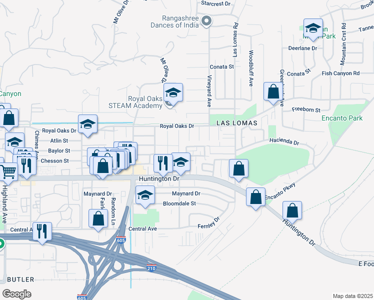 map of restaurants, bars, coffee shops, grocery stores, and more near 826 Swiss Trails Road in Duarte