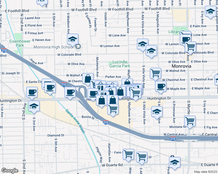 map of restaurants, bars, coffee shops, grocery stores, and more near 617 West Maple Avenue in Monrovia