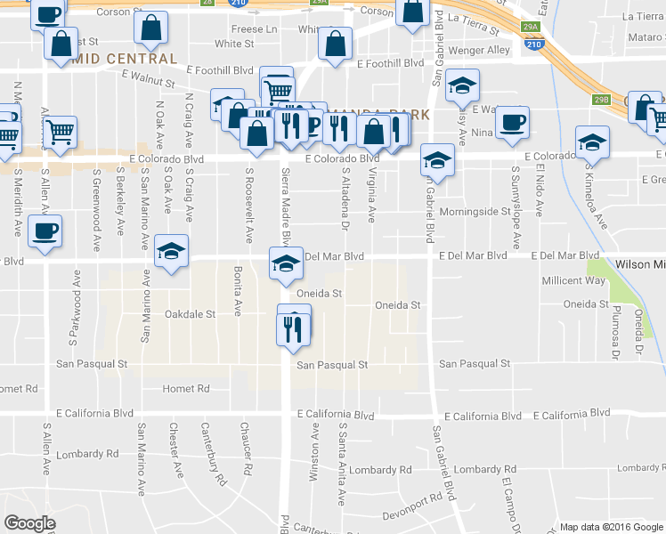 map of restaurants, bars, coffee shops, grocery stores, and more near 2450 East Del Mar Boulevard in Pasadena