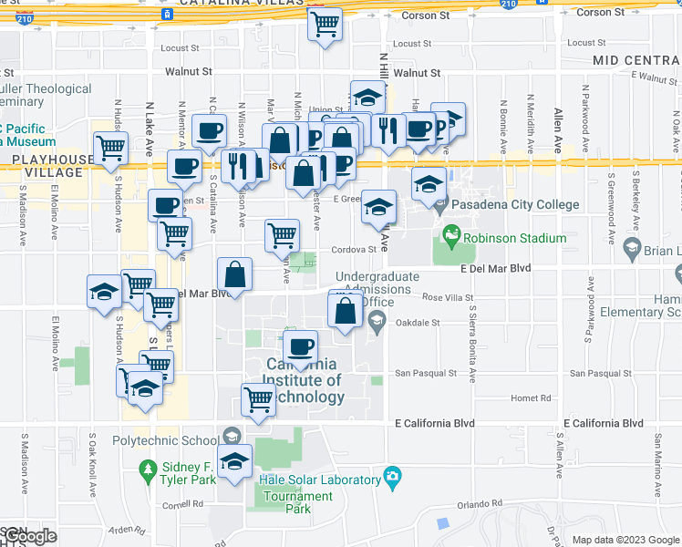 map of restaurants, bars, coffee shops, grocery stores, and more near 245 South Holliston Avenue in Pasadena