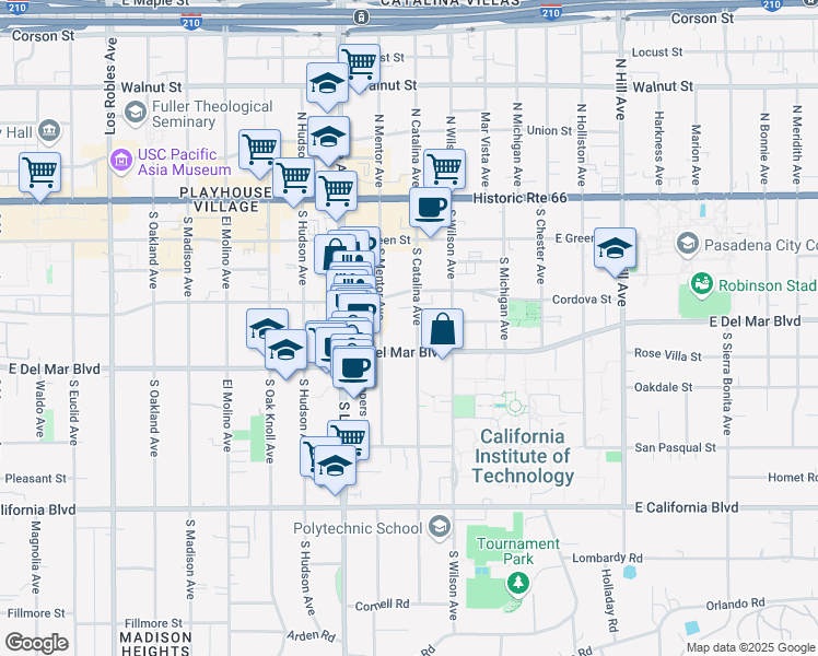 map of restaurants, bars, coffee shops, grocery stores, and more near in Pasadena