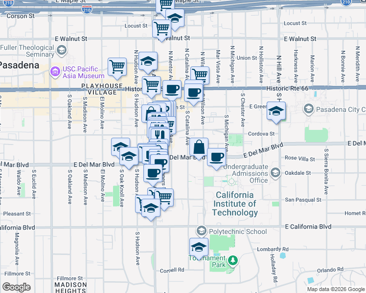 map of restaurants, bars, coffee shops, grocery stores, and more near in Pasadena