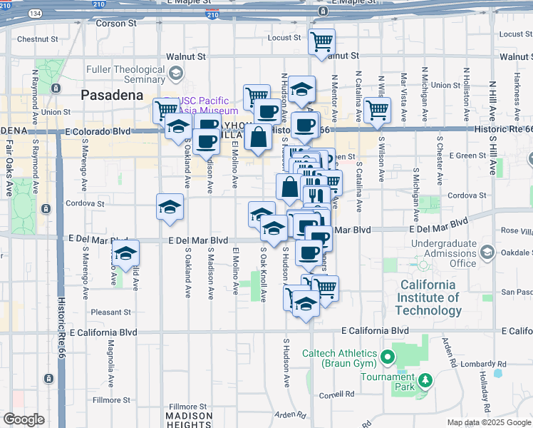 map of restaurants, bars, coffee shops, grocery stores, and more near 255 South Oak Knoll Avenue in Pasadena