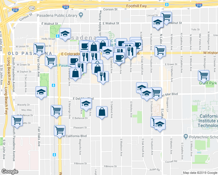 map of restaurants, bars, coffee shops, grocery stores, and more near 255 South Oakland Avenue in Pasadena