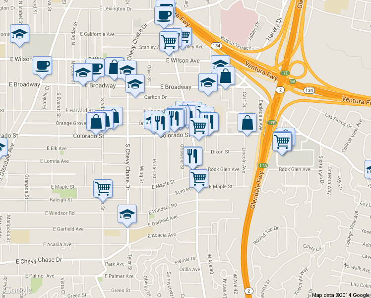 map of restaurants, bars, coffee shops, grocery stores, and more near 406 Griswold Street in Glendale