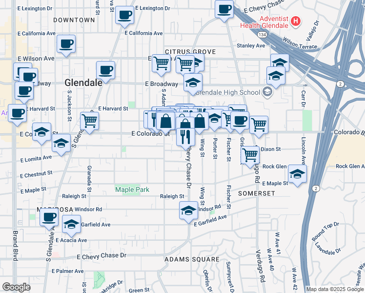 map of restaurants, bars, coffee shops, grocery stores, and more near 1131 East Elk Avenue in Glendale