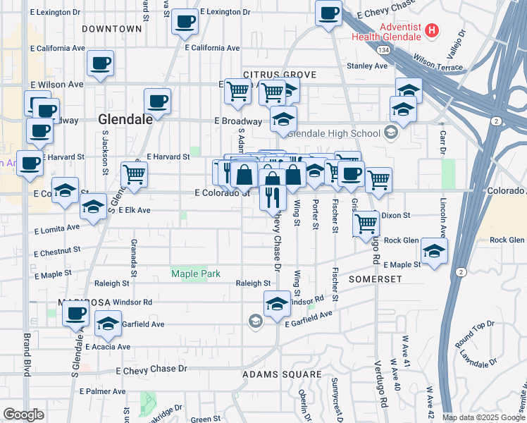 map of restaurants, bars, coffee shops, grocery stores, and more near 1131 East Elk Avenue in Glendale