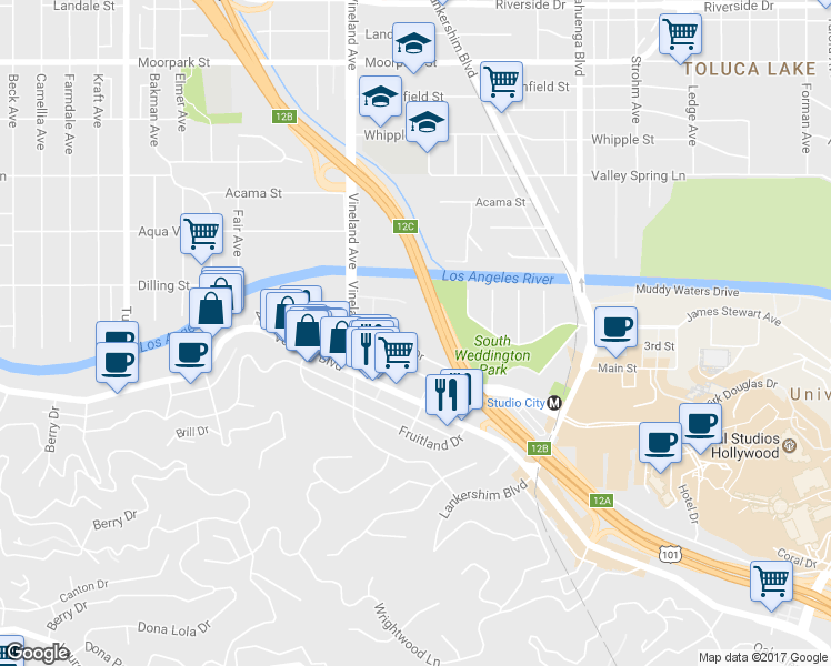 map of restaurants, bars, coffee shops, grocery stores, and more near 10925 Bluffside Drive in Los Angeles