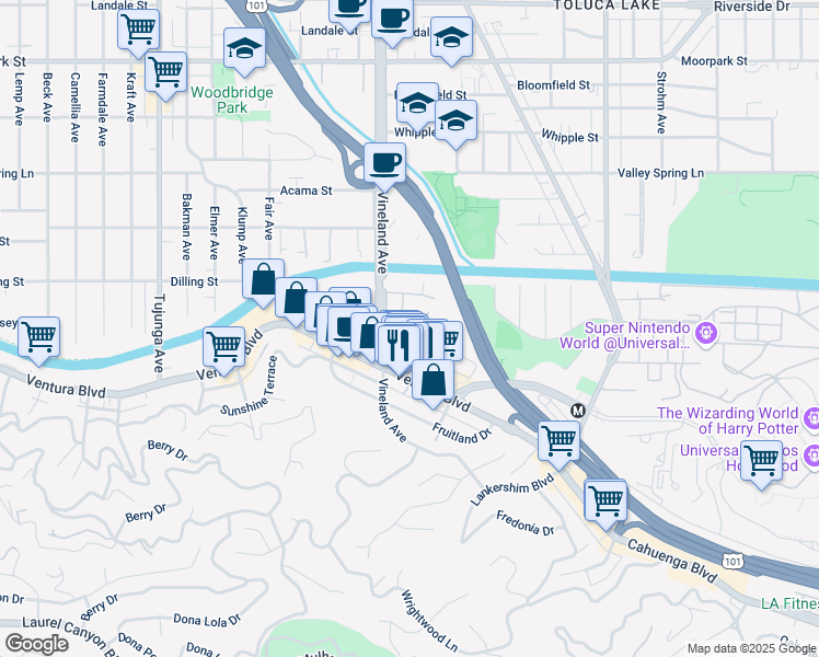 map of restaurants, bars, coffee shops, grocery stores, and more near 10978 Bluffside Drive in Los Angeles