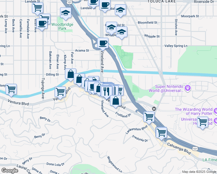 map of restaurants, bars, coffee shops, grocery stores, and more near 10978 Bluffside Drive in Los Angeles