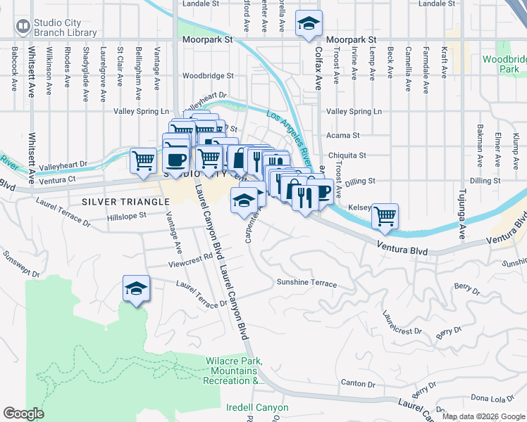 map of restaurants, bars, coffee shops, grocery stores, and more near 11847 Laurelwood Drive in Los Angeles