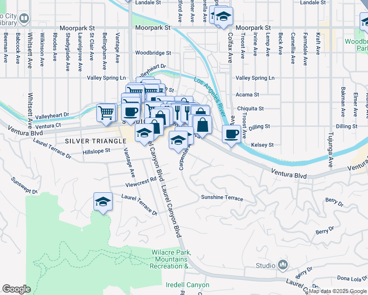 map of restaurants, bars, coffee shops, grocery stores, and more near 3947 Carpenter Avenue in Los Angeles