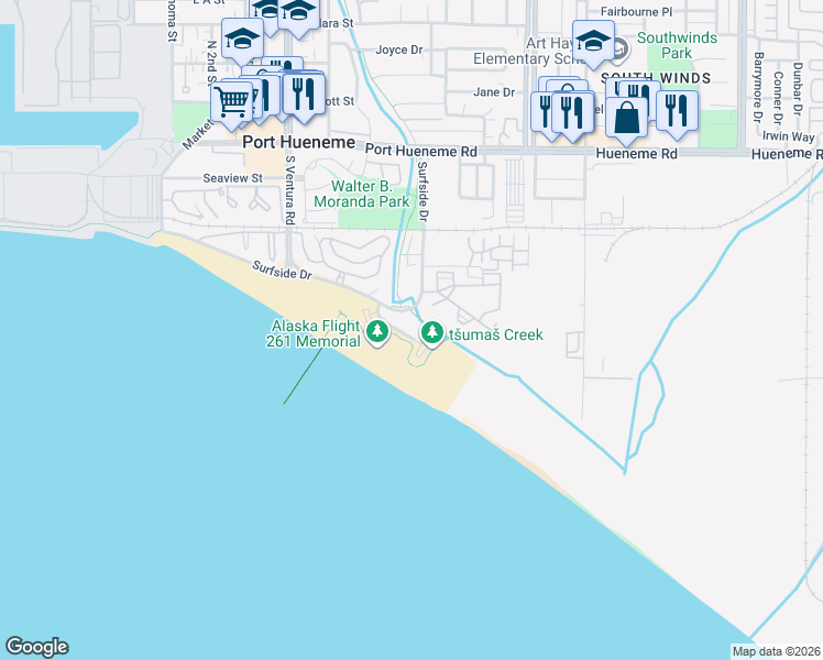 map of restaurants, bars, coffee shops, grocery stores, and more near 735 Ocean View Drive in Port Hueneme