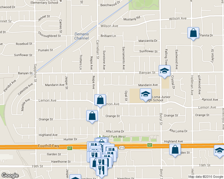 map of restaurants, bars, coffee shops, grocery stores, and more near 6214 Moonstone Avenue in Rancho Cucamonga