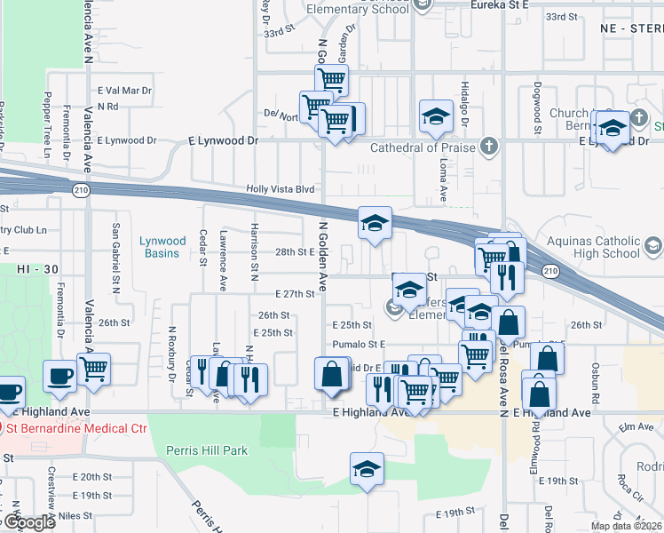 map of restaurants, bars, coffee shops, grocery stores, and more near 2761 North Golden Avenue in San Bernardino