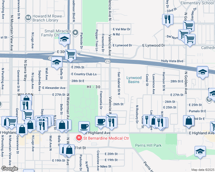map of restaurants, bars, coffee shops, grocery stores, and more near 2764 Valencia Avenue in San Bernardino