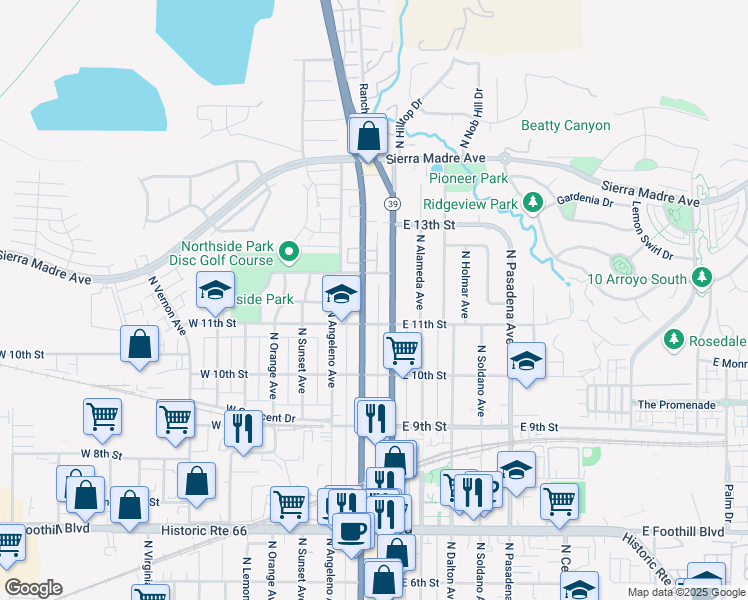 map of restaurants, bars, coffee shops, grocery stores, and more near 1124 North San Gabriel Avenue in Azusa