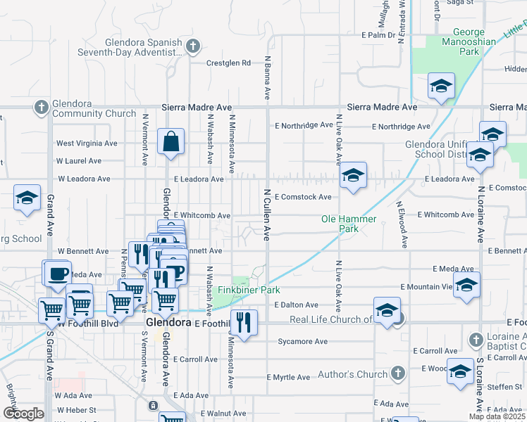 map of restaurants, bars, coffee shops, grocery stores, and more near 403 North Cullen Avenue in Glendora