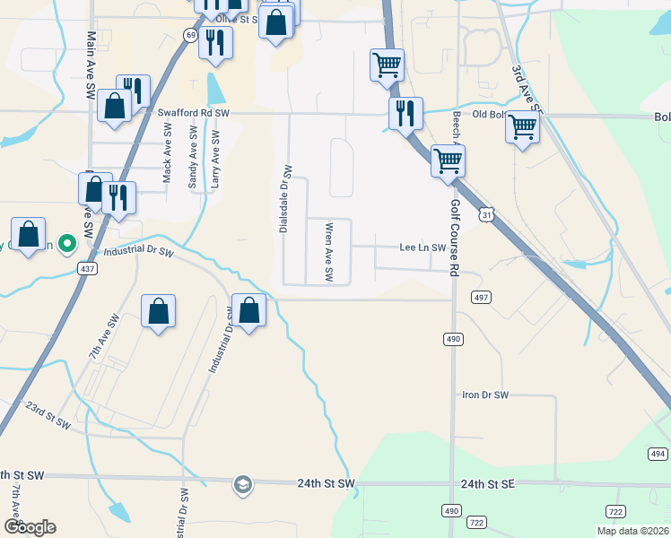 map of restaurants, bars, coffee shops, grocery stores, and more near 2118 Wren Avenue Southwest in Cullman