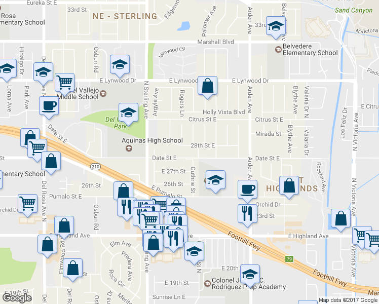 map of restaurants, bars, coffee shops, grocery stores, and more near 25881 28th Street East in San Bernardino