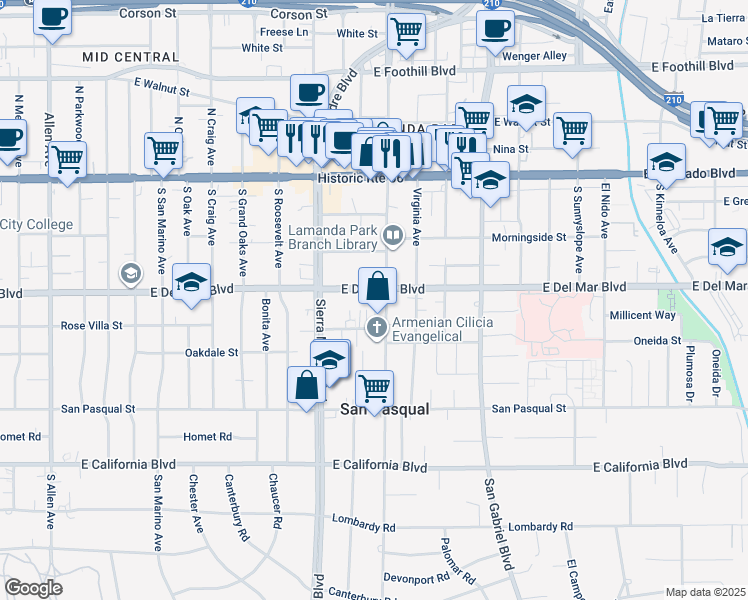 map of restaurants, bars, coffee shops, grocery stores, and more near 2450 East Del Mar Boulevard in Pasadena