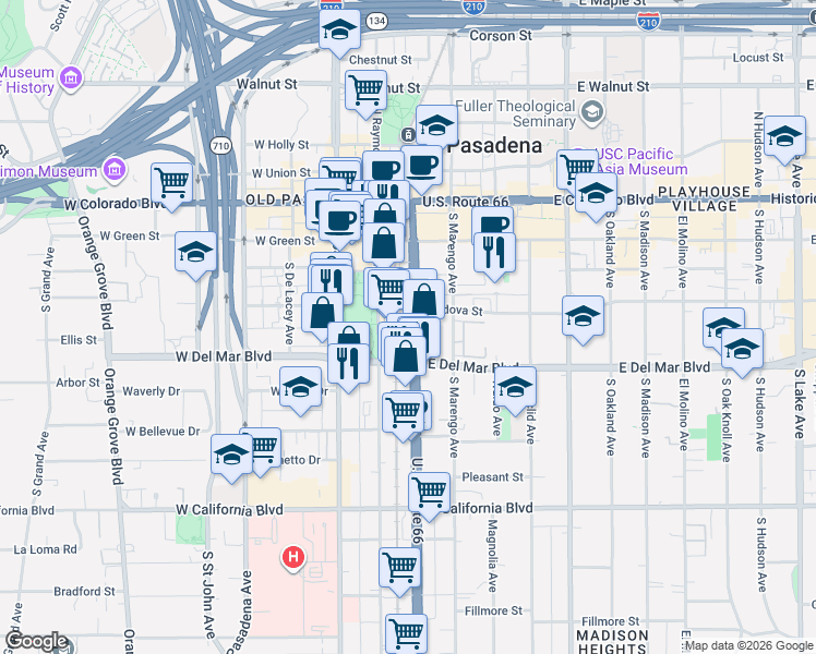 map of restaurants, bars, coffee shops, grocery stores, and more near 265 South Arroyo Parkway in Pasadena