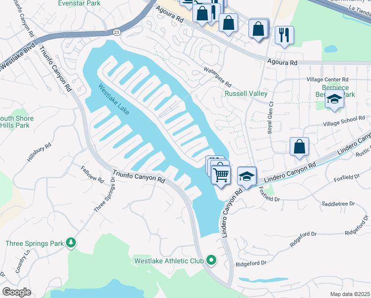 map of restaurants, bars, coffee shops, grocery stores, and more near 3909 Freshwind Circle in Westlake Village
