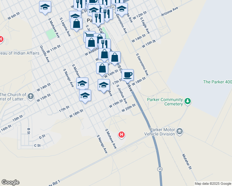 map of restaurants, bars, coffee shops, grocery stores, and more near 1051 West 18th Street in Parker
