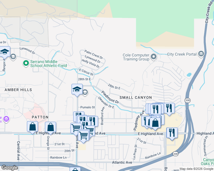 map of restaurants, bars, coffee shops, grocery stores, and more near 3803 28th Street East in Highland