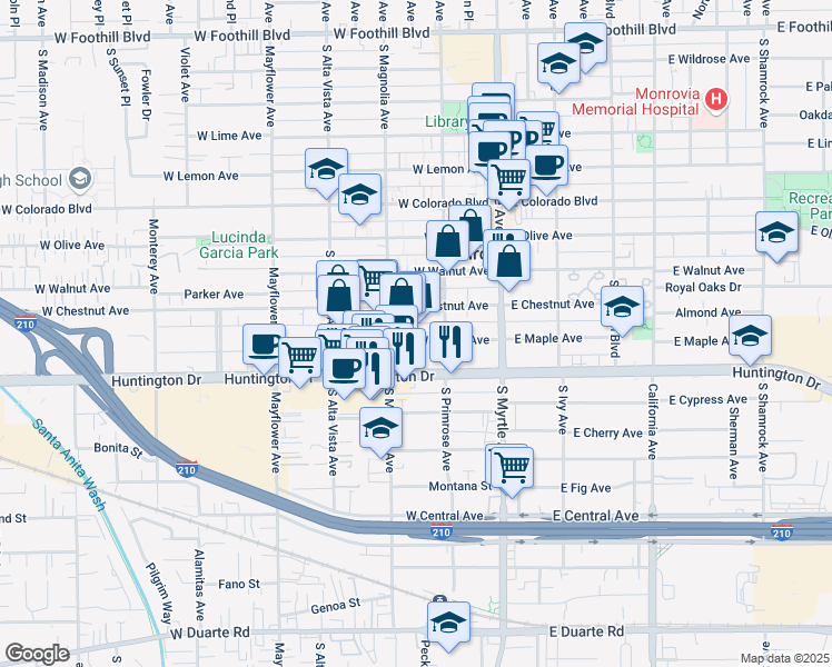 map of restaurants, bars, coffee shops, grocery stores, and more near 209 West Maple Avenue in Monrovia