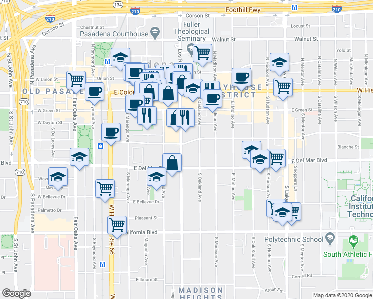 map of restaurants, bars, coffee shops, grocery stores, and more near 253 South Los Robles Avenue in Pasadena
