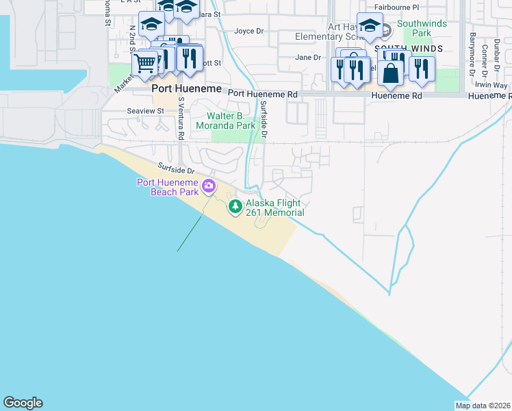 map of restaurants, bars, coffee shops, grocery stores, and more near 735 Ocean View Drive in Port Hueneme