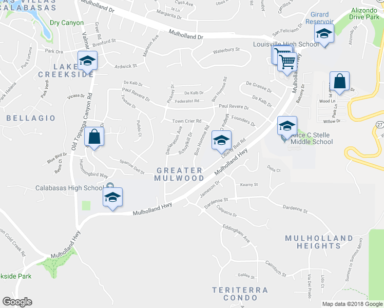 map of restaurants, bars, coffee shops, grocery stores, and more near 3953 Bon Homme Road in Calabasas