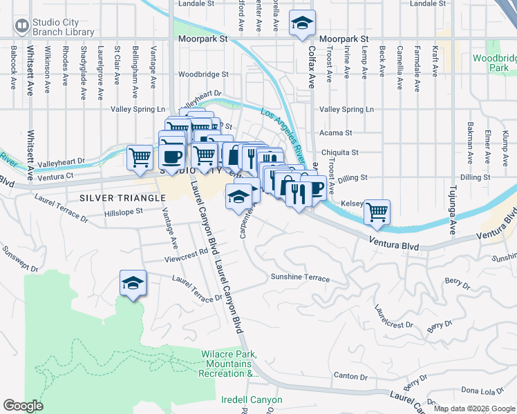 map of restaurants, bars, coffee shops, grocery stores, and more near 11847 Laurelwood Drive in Los Angeles