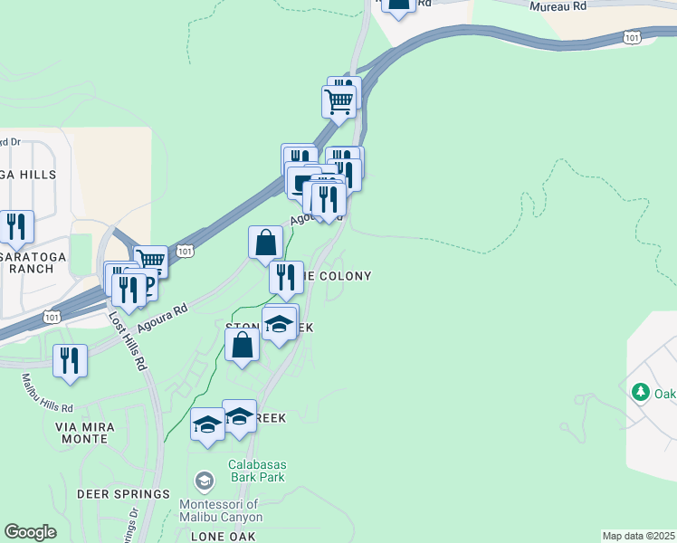map of restaurants, bars, coffee shops, grocery stores, and more near 4659 Cielo Circle in Calabasas