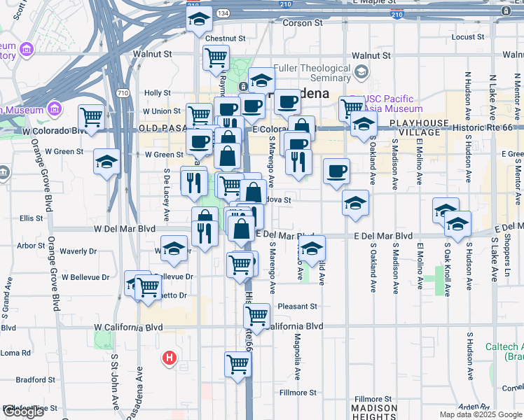 map of restaurants, bars, coffee shops, grocery stores, and more near 239 South Marengo Avenue in Pasadena