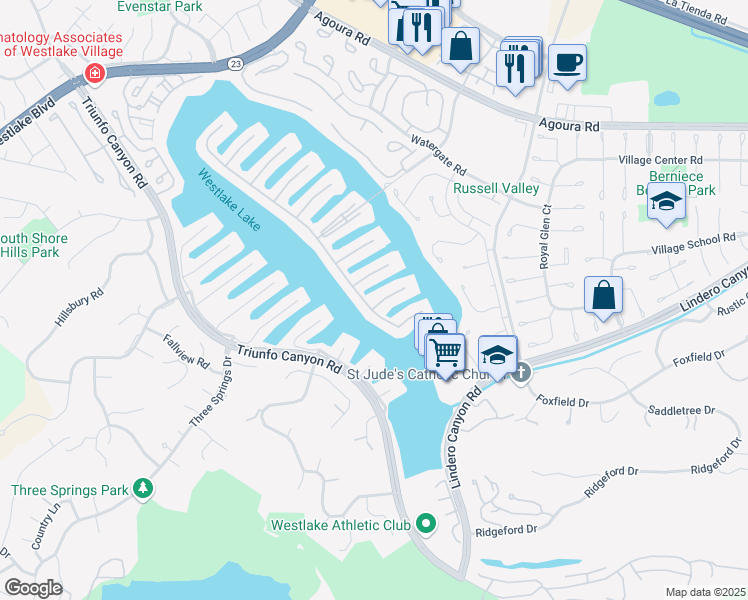 map of restaurants, bars, coffee shops, grocery stores, and more near 3909 Freshwind Circle in Westlake Village