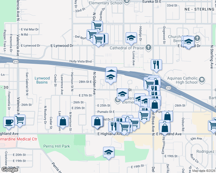 map of restaurants, bars, coffee shops, grocery stores, and more near 2755 Conejo Drive in San Bernardino