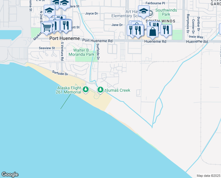 map of restaurants, bars, coffee shops, grocery stores, and more near 763 Reef Circle in Port Hueneme