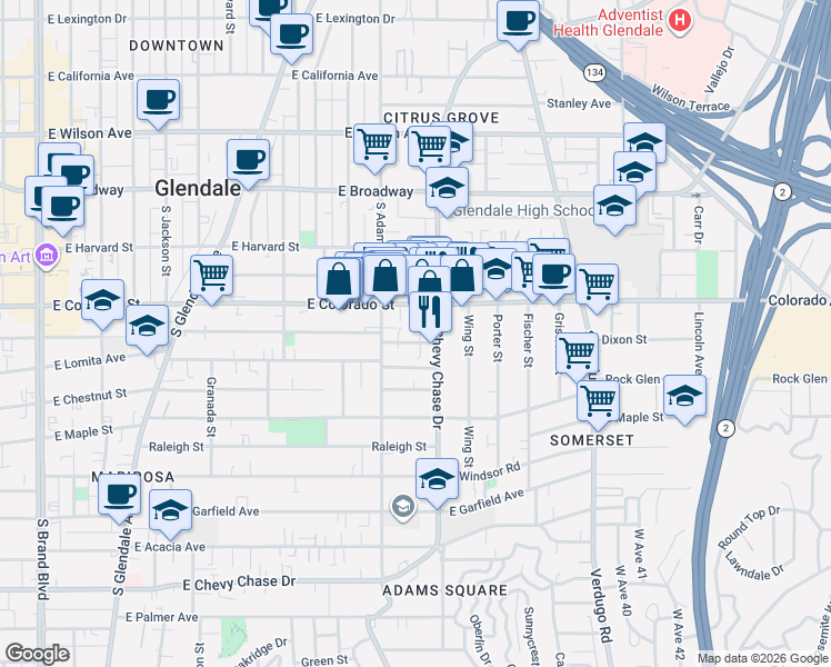 map of restaurants, bars, coffee shops, grocery stores, and more near 1131 East Elk Avenue in Glendale