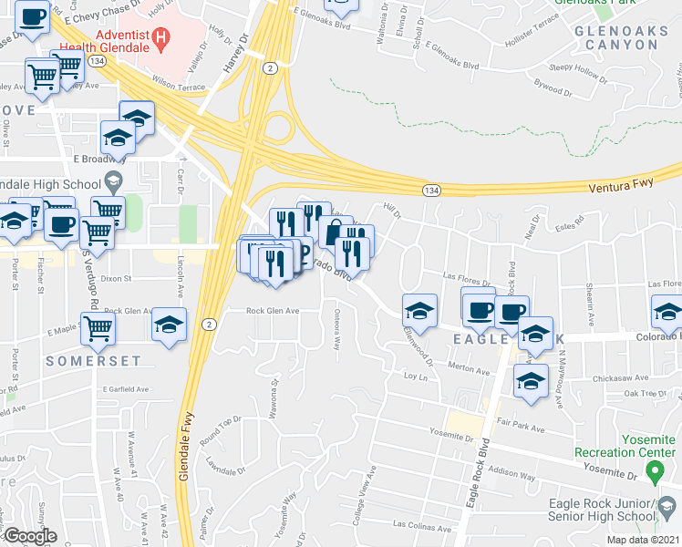 map of restaurants, bars, coffee shops, grocery stores, and more near 3228 Live Oak View Ave in Los Angeles