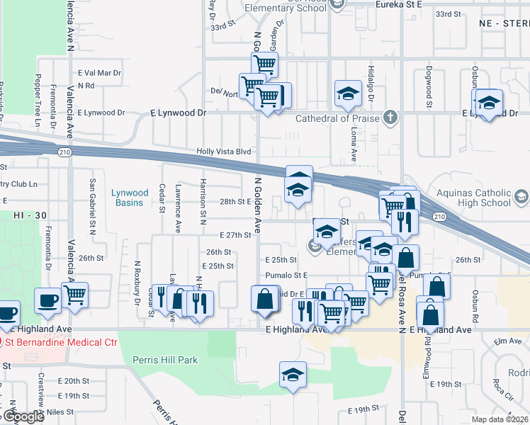 map of restaurants, bars, coffee shops, grocery stores, and more near 2761 North Golden Avenue in San Bernardino