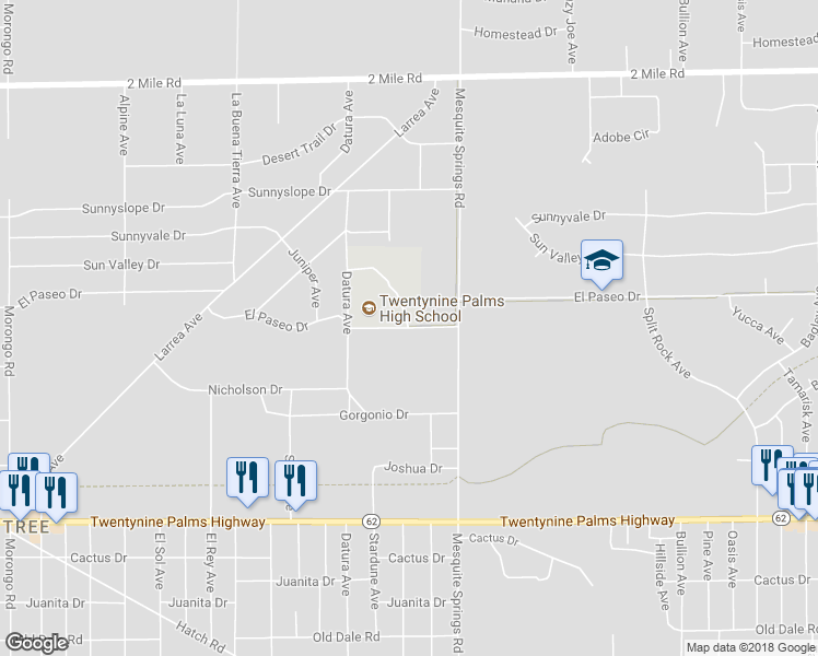 map of restaurants, bars, coffee shops, grocery stores, and more near 72805 Wildcat Way in Twentynine Palms