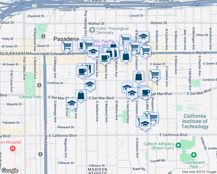 map of restaurants, bars, coffee shops, grocery stores, and more near 230 South Madison Avenue in Pasadena