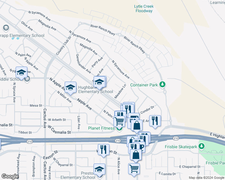 map of restaurants, bars, coffee shops, grocery stores, and more near 2435 Powell Drive in Rialto